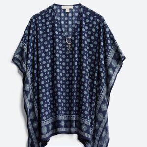 Michael Korrs Top,Geo Graphic, Navy with Hankerchief Hem, Batwing Dolman Sleece